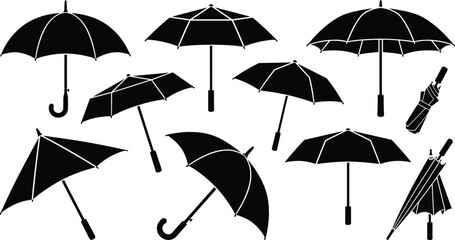 Open and Closed Umbrella Silhouette Vector Icon Set with Tilted Parasols Folded Rain Gears and Classic Handles © MdAungur