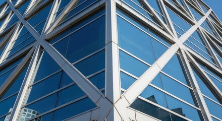 Obraz premium Modern glass building with geometric steel frame structure and reflective windows in daylight