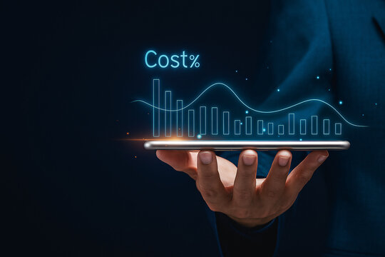 Businessman Holding Tablet with Floating Financial Cost Reduction Graph and Data Analytics Chart