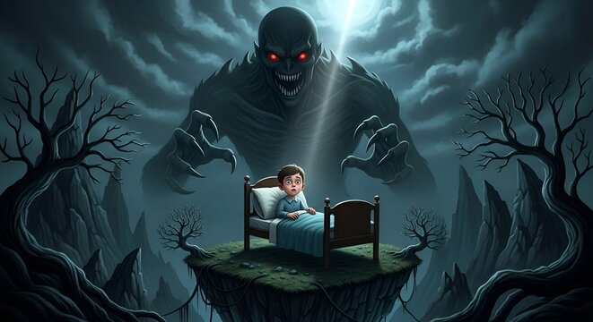 Scared Child in Bed Facing Giant Monster Nightmare