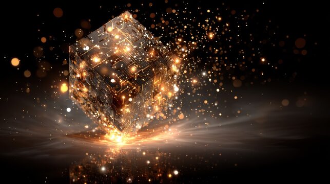 Abstract glowing cube with luminous particles creating sparkling effects in dark background for creative designs and concepts