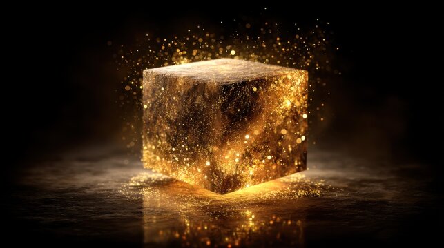 Golden Glittering Cube with Sparkles and Glowing Effects on Dark Background
