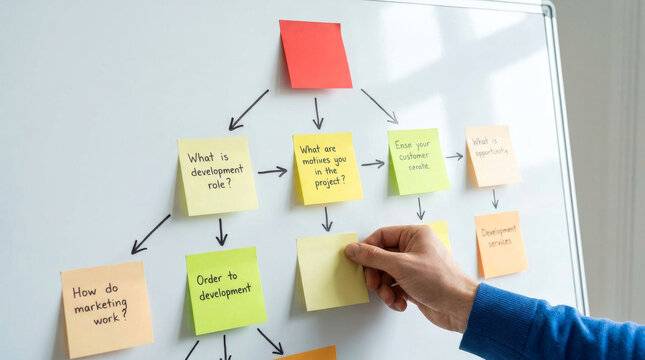 Business flow chart on whiteboard with sticky notes, project management mind map with colorful post-it notes, hand organizing office workflow