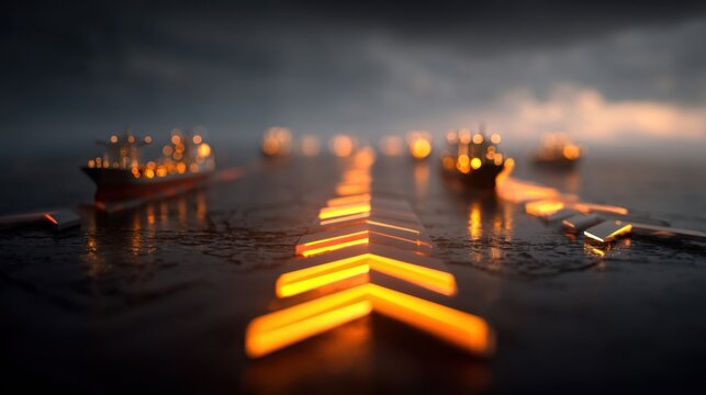 Illuminated Pathway with Ships on Water Under Dramatic Cloudy Sky at Twilight