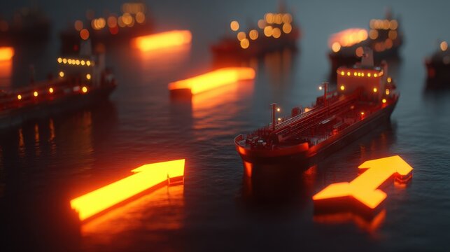 Neon style illuminated arrows guiding cargo ships on calm water in a futuristic maritime scene at night
