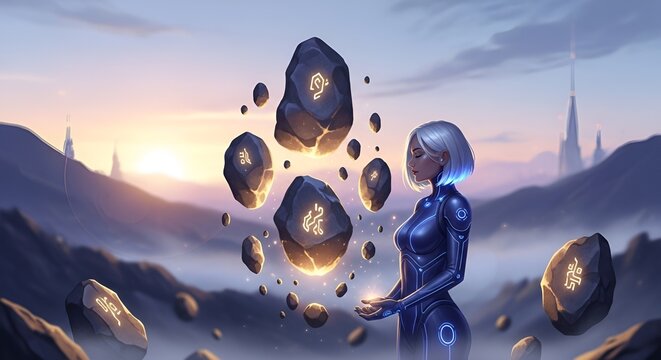Mystic Woman Levitate Rune Stones in Sci-Fi Landscape