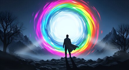 Fototapeta premium Man standing before a vibrant, swirling rainbow portal in a mystical landscape at night