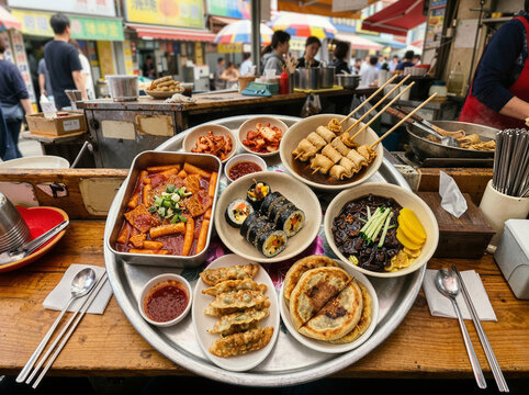 Korean street food tray assorted dishes market