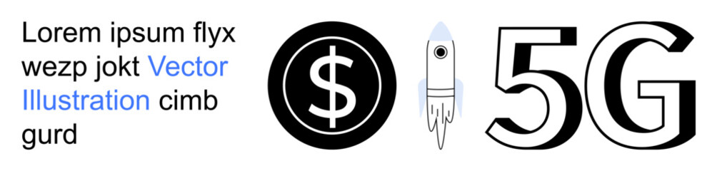 Obraz premium Digital transformation, financial technology, innovation, communication, modern networks, startups. Dollar symbol, rocket and 5G text. Focus on digital transformation and financial technology
