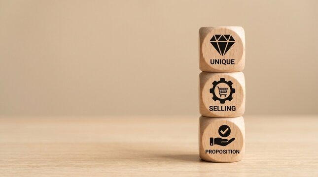 Unique Selling Proposition concept on wooden blocks, USP marketing strategy icons on timber cubes, business value proposition and competitive advantage