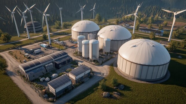 Sustainable Energy Farm with Wind Turbines and Biogas Tanks Amidst Green Landscape and Modern Renewable Infrastructure