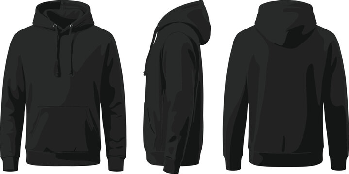 Black Hoodie Mockup Vector Illustration Front Side and Back Views Isolated on White Background for Fashion and Apparel Designs