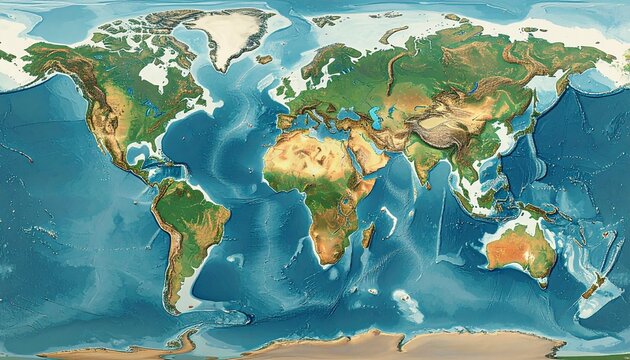 Detailed World Map Depicting Continents and Ocean Topography.