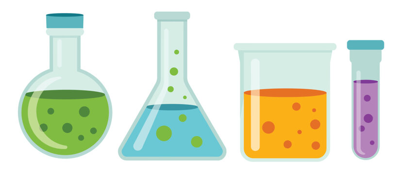 Laboratory glassware with colorful liquids chemistry beakers flasks test tubes vector illustration