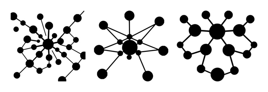 Networking node icon set with solid black design on white background featuring network illustration, digital communication, abstract topology with minimalist style and monochrome
