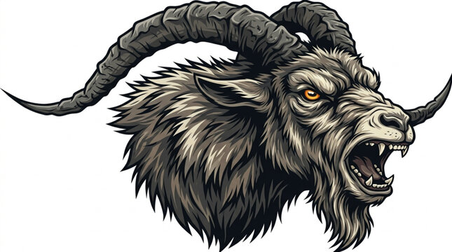 Fierce Goat Head with Large Horns and Open Mouth.