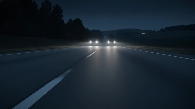 Vehicle driving on dark rural road at night approaching oncoming traffic. Car headlights shining in darkness. Dangerous driving condition and emergency situation.
