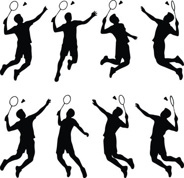 Badminton player jumping silhouette bundle with powerful racket swings, airborne sports action, athletic movement poses vector illustration collection set