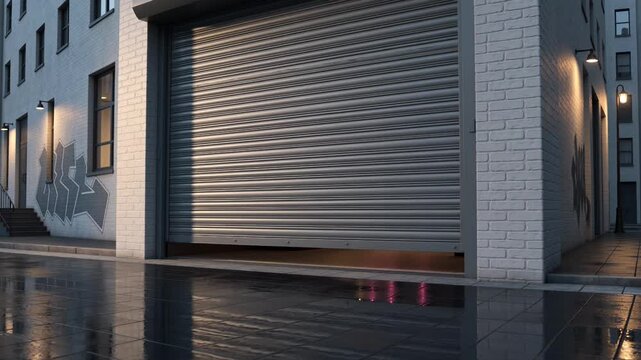 Grey metal shutter door closing on urban brick building facade. City street garage entrance locking securely at evening. Industrial exterior architecture concept.