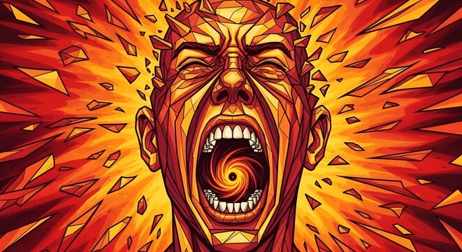 Man screaming in rage, head exploding into fiery shards, abstract concept of anger and frustration