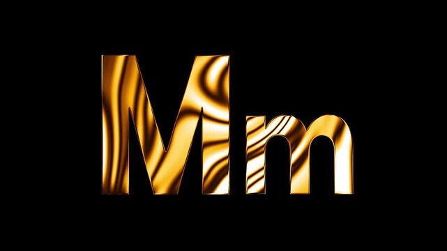 Capital letter M with small m text design with golden glass shine curve lines animation