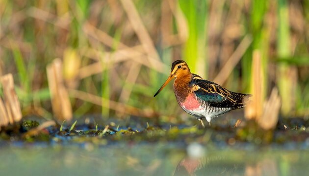 Colorful painted snipe wading in shallow freshwater wetland