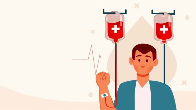 Blood donation campaign illustration with a young man receiving a transfusion from two bags.