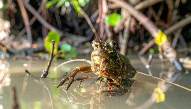 Mudskipper fish in defensive posture on mangrove mudflat