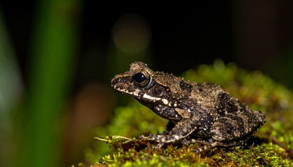 Obraz premium Close-up macro portrait of Vietnamese mossy frog on moss-covered branch