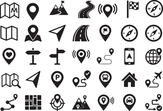 Map and location icon set. Navigation, GPS, direction, travel, route, destination, road, navigator icons for free