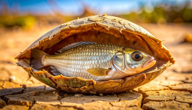 Close-up of lungfish in aestivation cocoon on dry ground during drought