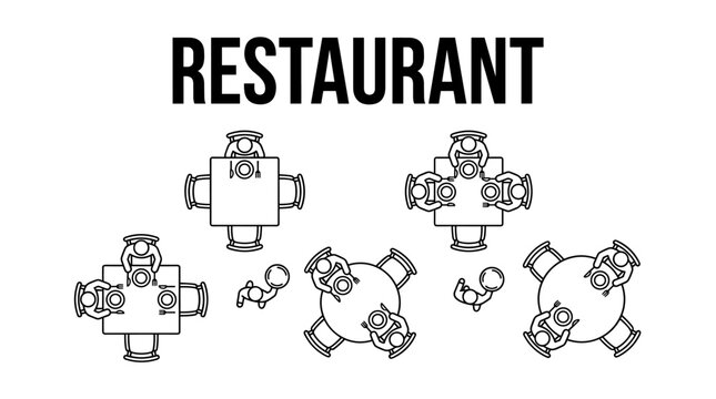 Top view line illustration of restaurant dining scene with customers at tables and cafe layout in clean minimal architectural outline style with transparent background