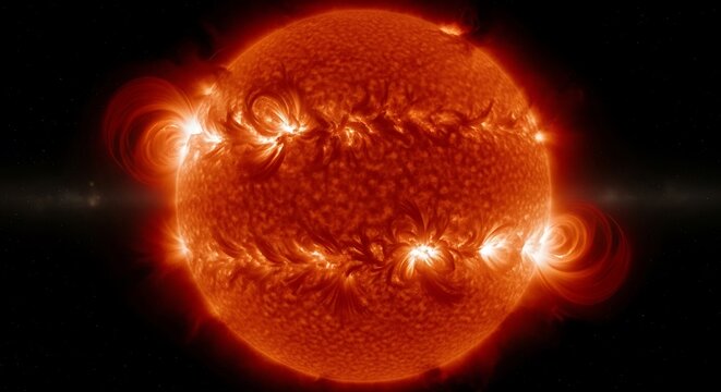 The sun emits intense solar flares and coronal mass ejections into space.