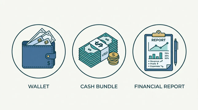 Financial Icons Representing Wallet Cash Bundle and Financial Report.