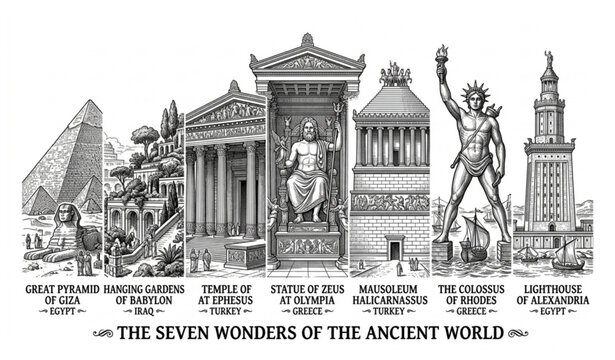 Seven Wonders of the Ancient World engraved hand drawn vector illustration historical monument set