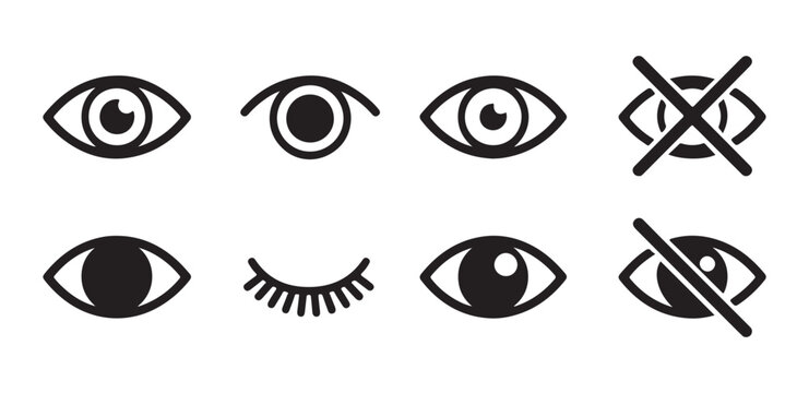 Set of simple eye symbols including open closed and crossed out icons for user interface design.