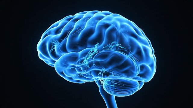 Glowing blue human brain 3D rendering showing neural pathways against a dark background, representing thought and intelligence.