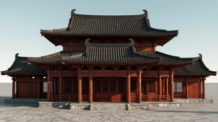 Fototapeta premium Traditional Chinese Wooden Temple with Curved Roof and Stone Steps