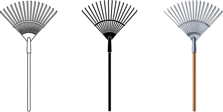 Collection of garden leaf rakes featuring outline silhouette and colored vector styles ideal for gardening yard work and autumn cleanup designs