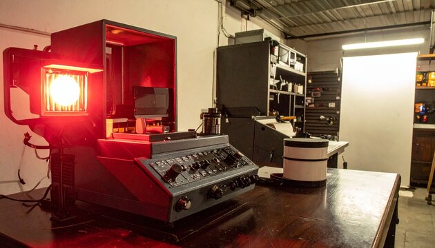 Vintage darkroom with red safelight and film developing equipment