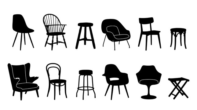 Chair icon set with hand drawn silhouettes of mid century dining and lounge chairs for interior design