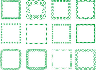 Decorative square border illustration collection featuring chain links, swirls, stars, rope, geometric frames, and ornamental design elements © Akter