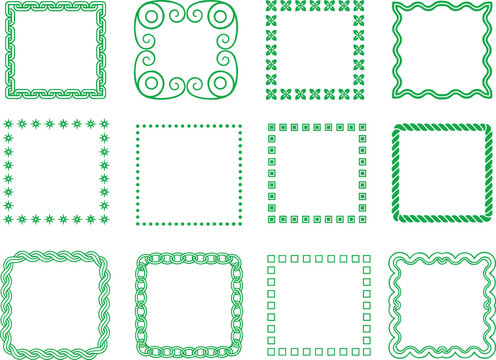 Decorative square border illustration collection featuring chain links, swirls, stars, rope, geometric frames, and ornamental design elements