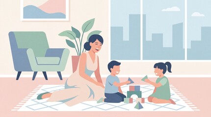 Fototapeta premium Mother and children playing with blocks on a rug in a modern living room