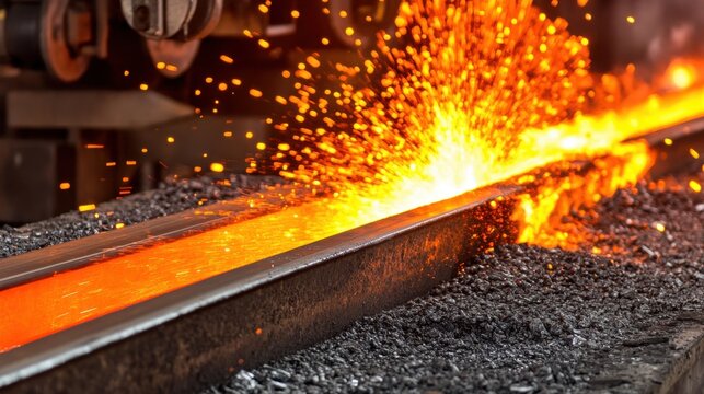 Industrial metal pipe being bent by a machine with sparking fire