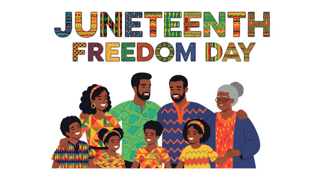 Juneteenth Freedom Day Celebration: A vibrant illustration depicts a joyful African American family celebrating Juneteenth Freedom Day.