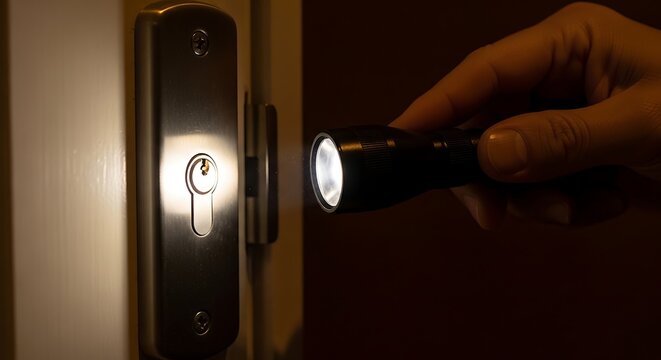Burglar hand shining flashlight on door lock in dark, home security concept with intruder at night, person breaking into house with torchlight