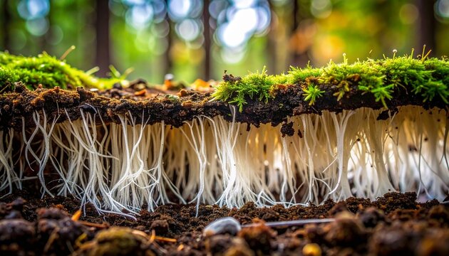 Close-up of white mycelium network in forest soil with moss and roots