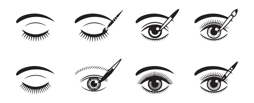 Eyelash and eye makeup application process icons showing cosmetic tool and finished look.