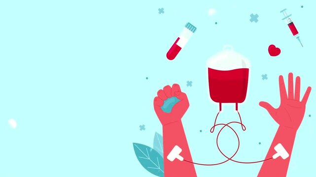 Blood donation concept animation with an IV bag linked to donor arms on a light green background.